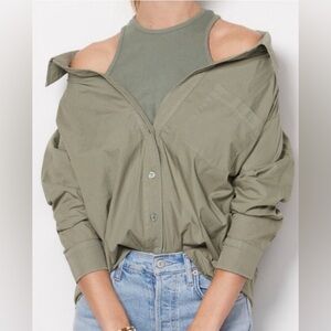 Monrow Evereve Poplin Rib Tank Shirt Laurel Green S Organic Cotton Cold Shoulder